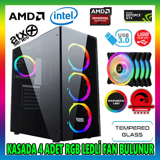 GAMETECH Ares Rainbow 4x120mm Fan Gaming Oyuncu Kasası GAMETECH Ares Rainbow 4x120mm Fan Gaming Oyuncu Kasası