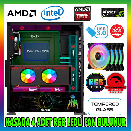 GAMETECH GALAXY KUMANDALI RGB 4x140mm 1X120mm Fan Gaming Oyuncu Kasası