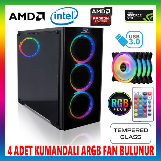 PowerBoost VK-G3902S Temper Camlı 4x120mm RGB Fanlı Kumandalı Profesyonel Gaming Oyuncu Bilgisayar Kasası