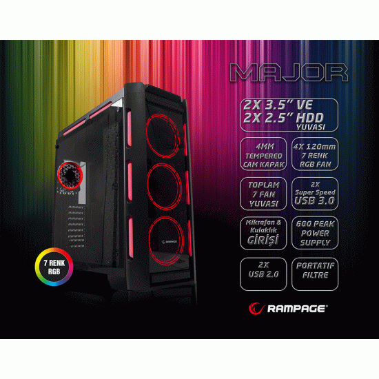 Rampage MAJOR 4x120mm RGB Fanlı Kumandalı Tempered Glass Profesyonel Gaming Oyuncu Bilgisayar Kasası Rampage MAJOR 4x120mm RGB Fanlı Kumandalı Tempered Glass Profesyonel Gaming Oyuncu Bilgisayar Kasası
