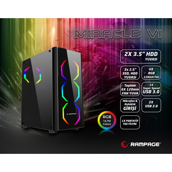 Rampage MIRACLE-V1 4x120mm RGB Fanlı Kumandalı Tempered Glass Profesyonel Gaming Oyuncu Bilgisayar Kasası