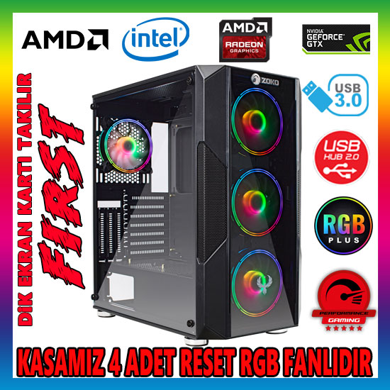 Zoko FIRST 4x12cm Reset Kontrollu RGB Fan Temper Cam Profesyonel Gaming Oyuncu Kasası