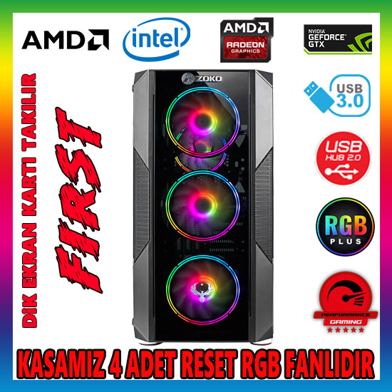 Zoko FIRST 4x12cm Reset Kontrollu RGB Fan Temper Cam Profesyonel Gaming Oyuncu Kasası Zoko FIRST 4x12cm Reset Kontrollu RGB Fan Temper Cam Profesyonel Gaming Oyuncu Kasası