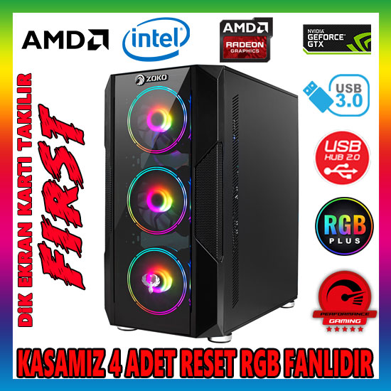 Zoko FIRST 4x12cm Reset Kontrollu RGB Fan Temper Cam Profesyonel Gaming Oyuncu Kasası Zoko FIRST 4x12cm Reset Kontrollu RGB Fan Temper Cam Profesyonel Gaming Oyuncu Kasası