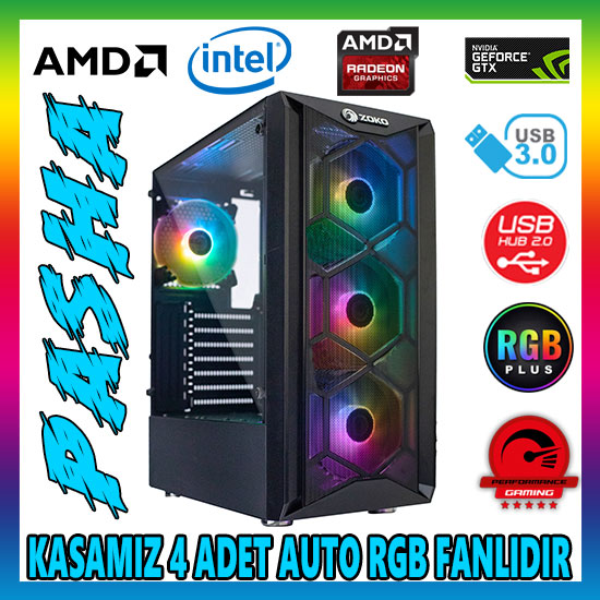 Zoko PASHA 4x12cm Autoring Rgb Fan Temper Cam Mesh Ön Panel USB 3.0 ATX Tower Profesyonel Gaming Oyuncu Bilgisayar Kasası