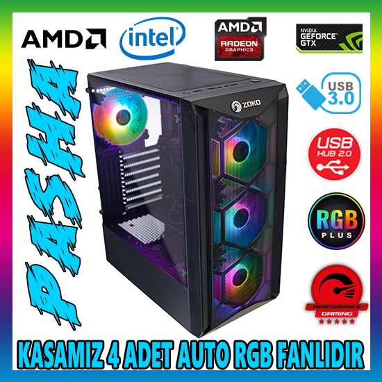 Zoko PASHA 4x12cm Autoring Rgb Fan Temper Cam Mesh Ön Panel USB 3.0 ATX Tower Profesyonel Gaming Oyuncu Bilgisayar Kasası