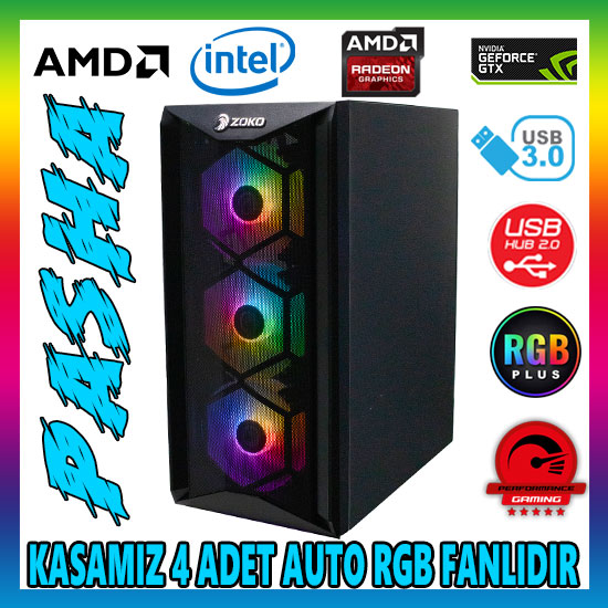 Zoko PASHA 4x12cm Autoring Rgb Fan Temper Cam Mesh Ön Panel USB 3.0 ATX Tower Profesyonel Gaming Oyuncu Bilgisayar Kasası