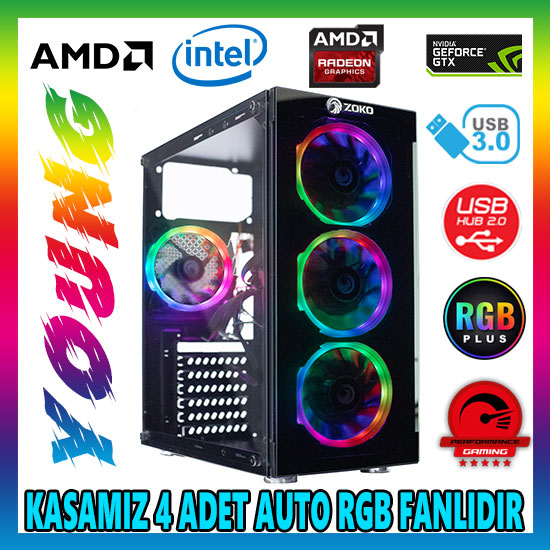 Zoko YOUNG 4x12cm Autoring Rgb Fan Temper Cam USB 3.0 ATX Tower Profesyonel Gaming Oyuncu Bilgisayar Kasası