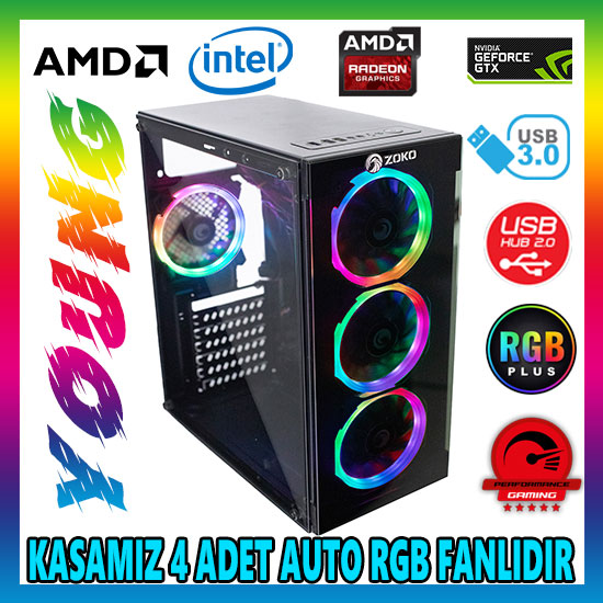 Zoko YOUNG 4x12cm Autoring Rgb Fan Temper Cam USB 3.0 ATX Tower Profesyonel Gaming Oyuncu Bilgisayar Kasası