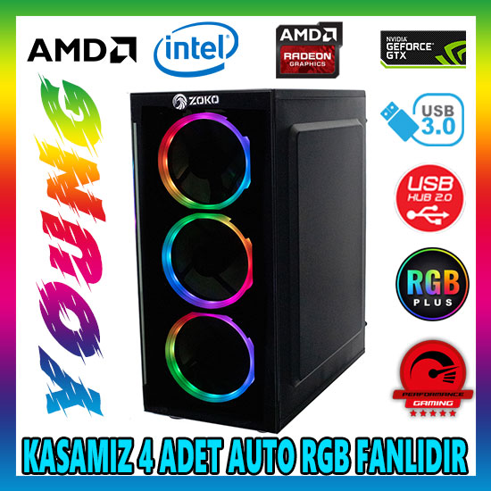 Zoko YOUNG 4x12cm Autoring Rgb Fan Temper Cam USB 3.0 ATX Tower Profesyonel Gaming Oyuncu Bilgisayar Kasası