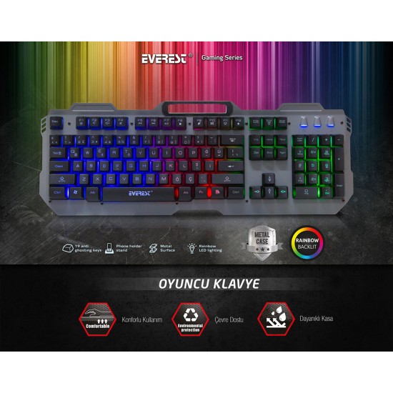Everest KB-197 TITANIO USB Aydınlatmalı Q Metal Yüzey Gaming Oyuncu Klavyesi Everest KB-197 TITANIO USB Aydınlatmalı Q Metal Yüzey Gaming Oyuncu Klavyesi