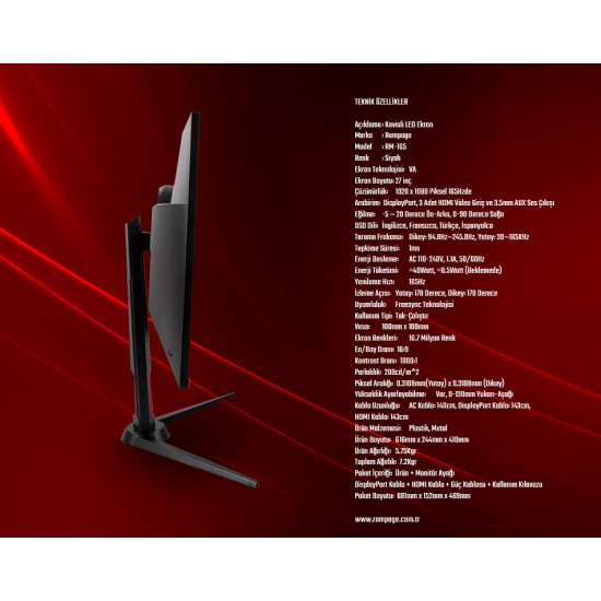 Rampage RM-165S 27inç Led 165Hz HDR Freesync CSOT VA Panel PC Curved Oyuncu Monitörü Outled