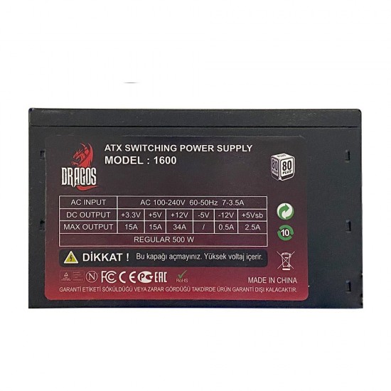 Dragos 12Cm RGB Fan 500W 80 Plus Aktif PFC Power Supply Dragos 12Cm RGB Fan 500W 80 Plus Aktif PFC Power Supply